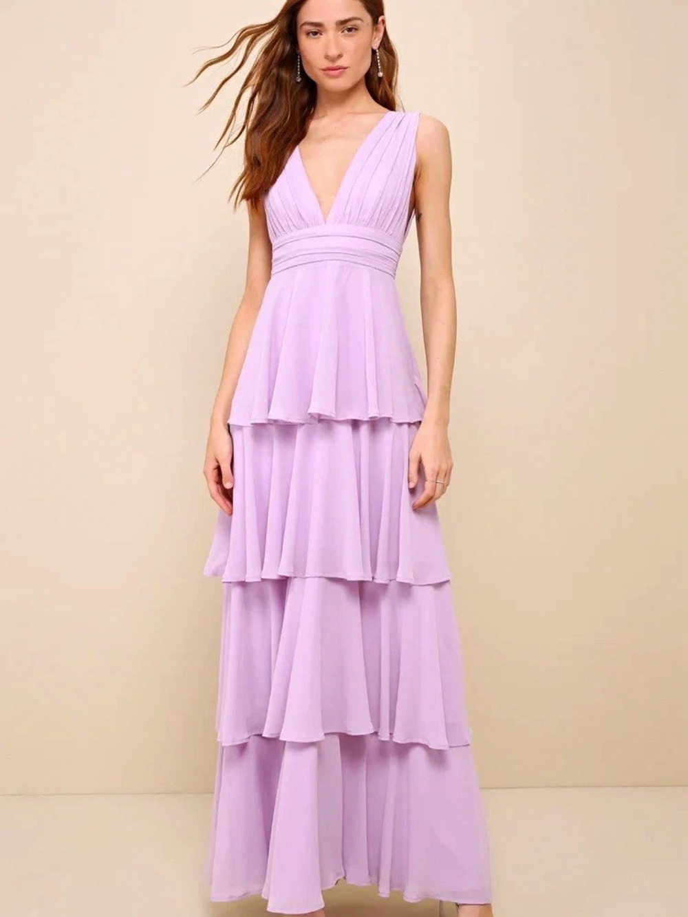 Lulu's Lavender Tiered V-Neck Maxi Dress